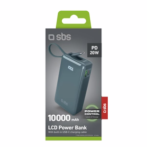 Powerbank SBS 10000 mAh 20W sisäänrakennetulla USB-C-kaapelilla ja digitaalisella näytöllä - harmaa