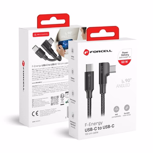 Kaapeli USB C - USB C Forcell F-Energy QC4.0 PD 3A 60W Cafule 90° 1,2 m CC-1Deg musta