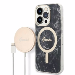Set Guess GUBPP14LHMEACSK suojakuori + laturi iPhone 14 Pro 6.1 musta/musta kova suojakuori Marble MagSafe