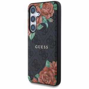 Guess Nahkainen 4G Flowers Print Metal Classic Logo MagSafe Suojakuori Samsung Galaxy S25:lle - musta