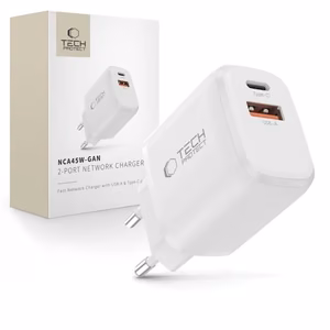 Tech-Protect NCA45W-GAN 2-porttinen USB-C / USB-A 45W seinälaturi - valkoinen