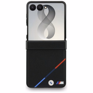 Musta BMW M Leather Perforated Tricolor Stripe Metal Logos -suojakuori MagSafe-tuella Samsung Galaxy Z Flip8 -puhelimelle