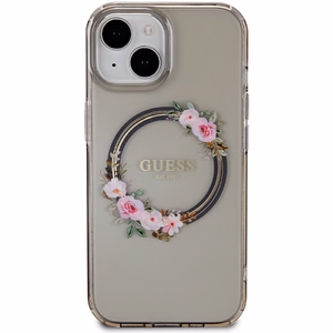 Guess IML Flowers Wreath MagSafe Suojakuori iPhone 15 / 14 / 13:lle - musta