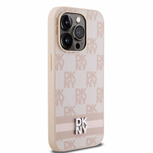 DKNY Nahkainen Checkered Mono Pattern & Printed Stripes Suojakuori iPhone 14 Pro:lle - vaaleanpunainen