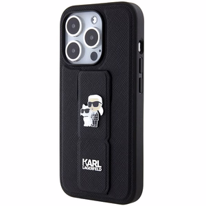 Karl Lagerfeld Gripstand Saffiano Karl&Choupette Pins Suojakuori iPhone 15 Pro Maxille - musta