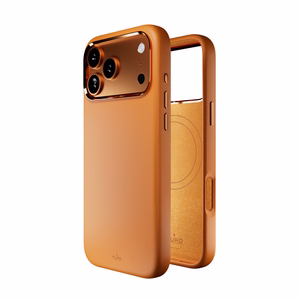 Puro Icon Mag Pro nestesilikoninen Suojakuori iPhone 17 Pro:lle, MagSafe -yhteensopiva, kamerasuojauksella ja alumiinipainikkeilla - oranssi