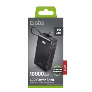 Powerbank SBS 10000 mAh 20W sisäänrakennetulla USB-C-kaapelilla ja digitaalisella näytöllä - musta