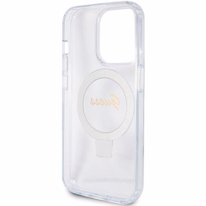 GUESS Suojakuori IPHONE 15 Prolle MagSafe-yhteensopiva GUHMP15LHRSGSD (Glitter Script Logo Ring stand) läpinäkyvä