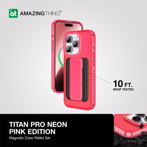 Amazing Thing Titan Pro Neon Mag Wallet Case 10FT IP156.7PTWPN for Iphone 15 Pro Max pink with stand