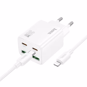 Puhelinlaturi Hoco 2 x USB C + 2 x USB A QC3.0 PD 3A 30W + kaapeli USB C - Lightning N56 valkoinen