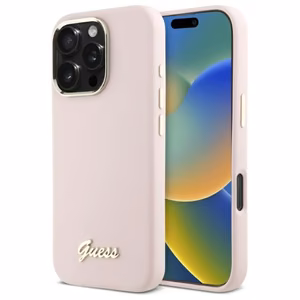 Guess Silikoninen Script Metal Logo & Frame Suojakuori iPhone 16 Pro Max:lle - Vaaleanpunainen