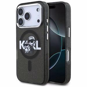 Karl Lagerfeld suojakuori Magsafe IML glitter metallisella kamerakehyksellä ja -näppäimillä Karl and Choupette sketch -logolla iPhone 17 Pro:lle musta