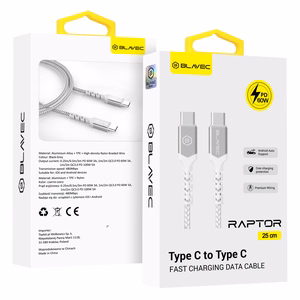 Blavec Raptor punottu Kaapeli - Type C - Type C - PD 60W 3A 0,25 metriä Apple CarPlay/Android Auto (CRA-CC3WS025) valkoinen-hopeinen