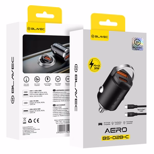 Blavec autolaturi BS-02B-C Aero - USB + Type C - QC 3.0 18W PD 30W ja Type C - Type C -kaapeli (CCBS02BCA-UCB) musta