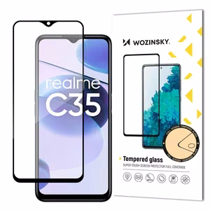 Wozinsky Super Tough Full Glue karkaistu koko näytön lasi Realme C35:lle, yhteensopiva suojakuoren kanssa, mustalla kehyksellä