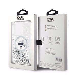 Karl Lagerfeld Liquid Glitter Choupette Head MagSafe suojakuori iPhone 15 Pro:lle - läpinäkyvä