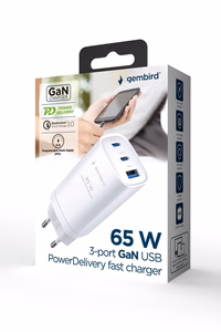 Gembird TA-UC-PDQC65-01-W 3-porttinen 65W GaN USB PowerDelivery pikaLaturi, valkoinen