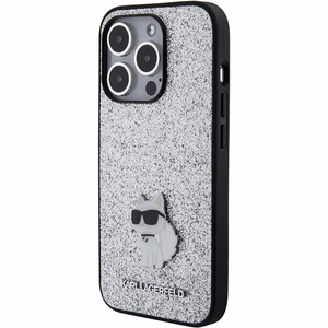 Karl Lagerfeld Fixed Glitter Choupette Logo Metal Pin suojakuori iPhone 15 Pro Max:lle - hopeinen