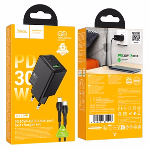 Puhelinlaturi Hoco USB-A + USB-C QC3.0 PD AFC 3A 30W + USB-C - USB-C -kaapeli N71 musta
