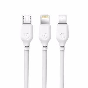 XO NB103 3-in-1 USB-A-kaapeli Lightning-, USB-C- ja Micro-USB-liittimillä, 1 m, 2,1 A – valkoinen