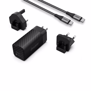 Energizer Ultimate A65MUC GaN-matkalaturi EU-, UK- ja US-pistokkeilla, USB-C + USB-A, 65 W PD, USB-C-kaapelilla, musta
