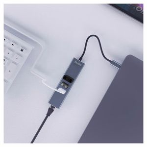 Savio AK-57 USB-C – 3x USB-A -hubi RJ-45 gigabitin Ethernet-sovittimella, 5000 Mbit/s, harmaa