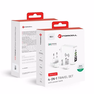 Monitoimilaturi Forcell F-Energy 4in1 2 x USB A + USB C 15W + Varavirtalähde 8000mAh + langaton lataus valkoinen