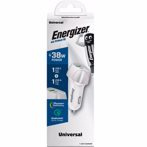 Energizer Ultimate D38WS autolaturi, USB-C + USB-A, 38 W PD + QC 3,0, valkoinen ja hopeanvärinen