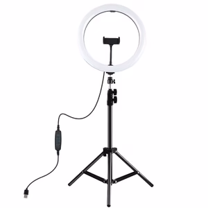LED-rengaslamppu 30 cm pöytäjalustan kiinnikkeellä enintään 1,1 m, puhelimen pidike, USB