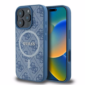 Guess Suojakuori iPhone 16 Pro:lle MagSafe-yhteensopiva GUHMP16LG4GFRB (PU 4G Ring Classic Logo) sininen