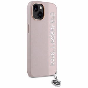 Karl Lagerfeld Saffiano Rhinestones & Charm Suojakuori iPhone 15 / 14 / 13:lle - vaaleanpunainen