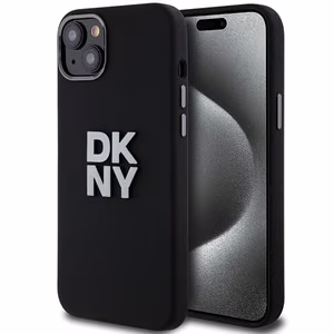 DKNY Liquid Silikoninen Metal Logo Suojakuori iPhone 15 Plus / 14 Plus:lle - musta