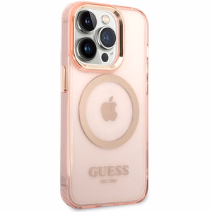 Guess GUHMP14XHTCMP vaaleanpunainen kova suojakuori iPhone 14 Pro Max 6.7 kultareunuksinen läpikuultava MagSafe