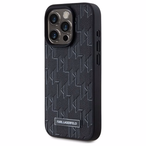 Karl Lagerfeld Leather Monogram Metal Logo MagSafe iPhone 15 Pro Suojakuori - Musta