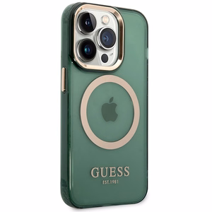 Guess GUHMP14LHTCMA iPhone 14 Pro 6.1" vihreä/khaki kovakotelo kultaääriviiva läpinäkyvä MagSafe