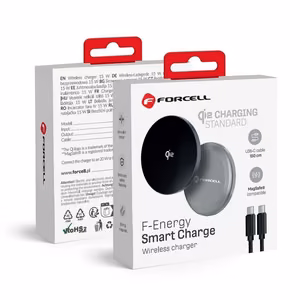 FORCELL F-ENERGY Smart Charge Qi2 15W langaton laturi 150cm irrotettavalla kaapelilla MagSafe-yhteensopiva hopea