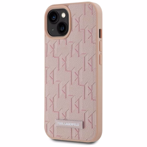 Karl Lagerfeld Leather Monogram Metal Logo MagSafe Suojakuori iPhone 15:lle - vaaleanpunainen