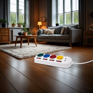 Maclean MCE229 W – jatkojohto pistorasioilla, 4 pistorasiaa + 2×USB, erilliset kytkimet, 250 V AC/10 A, 2,1 A 5 V, 1,5 m, valkoinen