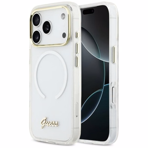 Guess IML Gradient Script Metal MagSafe Suojakuori iPhone 17 Pro:lle - Valkoinen