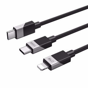 BWOO punottu 2-in-1 kaapeli USB-C - USB-C ja Lightning 1m 100W/27W musta