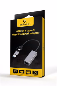 Gembird A-USB3AC-LAN-01 USB 3.1 + Type-C Gigabit-verkkoadapteri, space harmaa