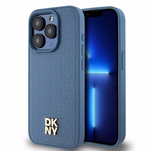 DKNY Nahkainen Monogrammi-kuvio Metallinen Logo MagSafe Suojakuori iPhone 15 Pro:lle - sininen