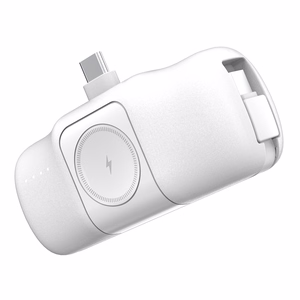 Wozinsky WF16-YCS 5000mAh 15W USB-C Mini Power Bank, jossa on sisäänrakennettu USB-C-kaapeli ja Apple Watch -laturi - Valkoinen
