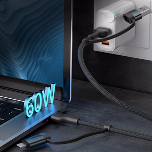 3mk Hyper Cable N-SERIES 2 in 2 USB-A / USB-C ja USB-C / Lightning 1.2m QC 3.0 9V/2A 60W - musta