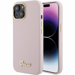 Guess Silicone Script Metal Logo & Frame suojakuori iPhone 15:lle - vaaleanpunainen