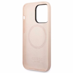 Guess Silicone Logo Plate MagSafe -suojakuori iPhone 14 Pro -mallille, vaaleanpunainen
