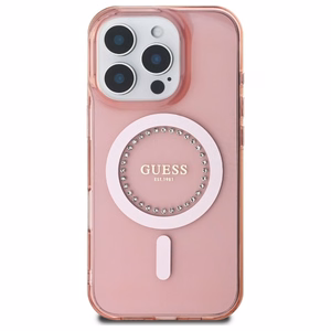 Guess IML Rhinestones MagSafe Suojakuori iPhone 16 Pro:lle - vaaleanpunainen
