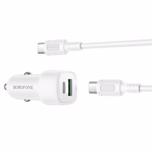 Borofone BZ34B Cloud USB + Type-C QC3.0 PD 38W autolaturi Type-C - Type-C -kaapelilla, valkoinen