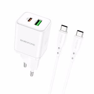 Borofone Seinälaturi BN7 - USB + Type C - QC 3.0 PD 20W Type C - Type C -kaapelilla valkoinen