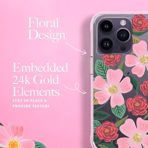 Rifle Paper Clear suojakuori iPhone 14 Pro -laitteelle, kullanvärisellä koristelulla, Rose Garden -kuvioinen